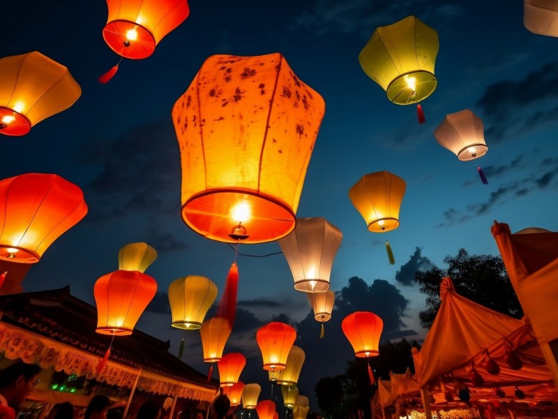Buddhistischer Feiertag Vesakh mit leuchtenden Laternen in der Luft