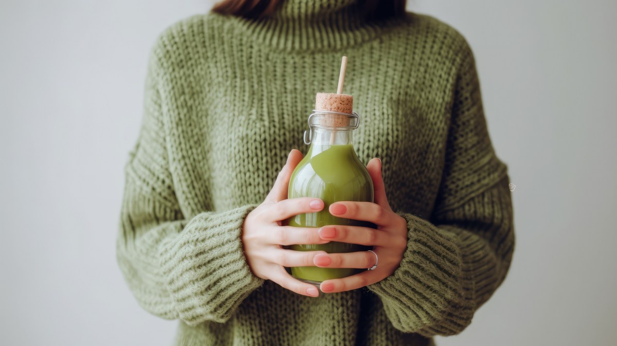 Frau mit grünem Pulli, die einen grünen Saft in einer Glasflasche mit Strohhalm in der Hand hält