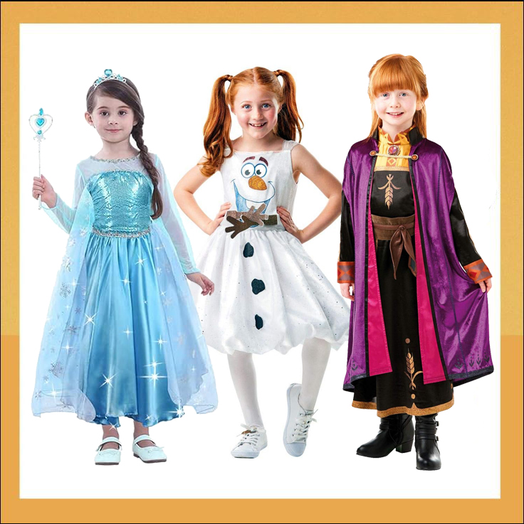 Faschingskostüme zum Film 'Die Eiskönigin - Völlig unverfroren' Elsa, Olaf und Anna.