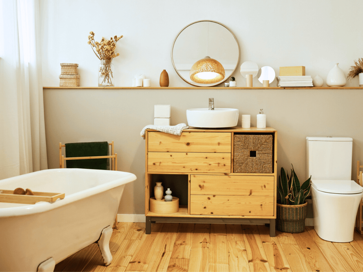 Gem&uuml;tliches Badezimmer mit Holzm&ouml;beln.