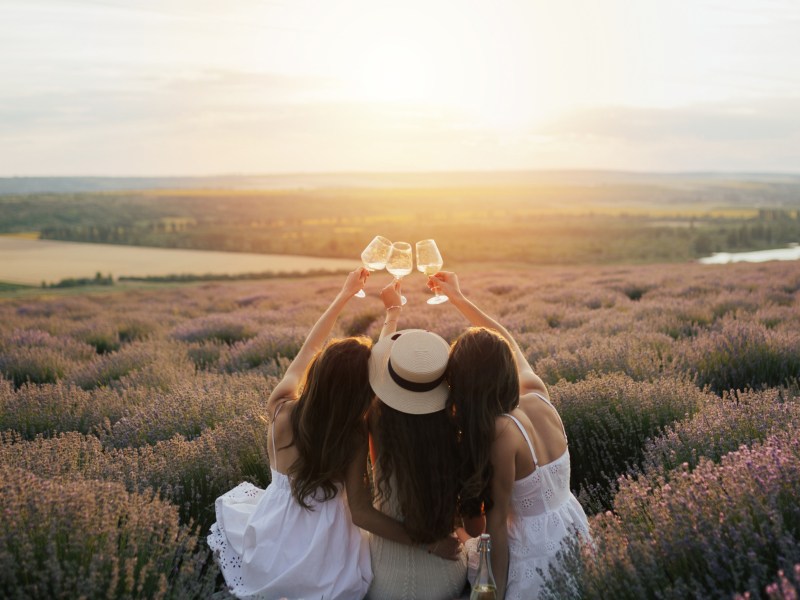 Drei Frauen mit Weinglas in der Hand in Lavendelfeld beim Sonnenuntergang