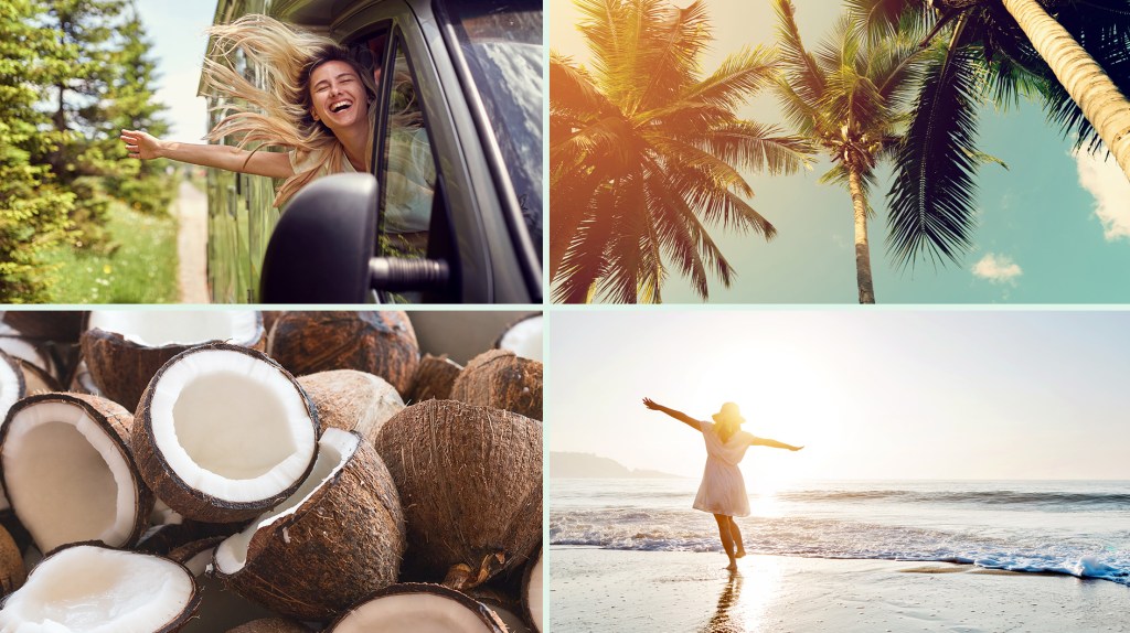 Vier sommerliche Szenen: fröhliche Frau im Auto, goldene Palmen, geöffnete Kokosnüsse und tanzende Frau am Meer.