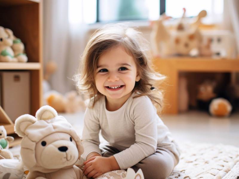 Kleines, ca. dreijähriges Mädchen kniet neben einem Teddy in ihrem Kinderzimmer und strahlt süß in die Kamera.