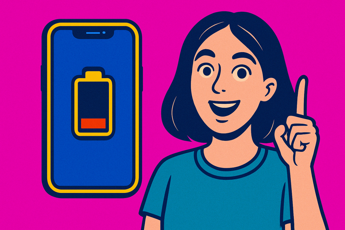 Pop Art Bild von iPhone mit niedrigem Akku und Frau mit fröhlichem Gesichtsausdruck