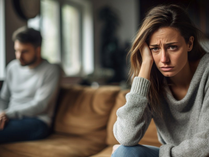 Frau auf einer Couch, die traurig und besorgt nach vorne schaut, während im Hintergrund ein Mann verschwommen auf der anderen Seite der Couch sitzt