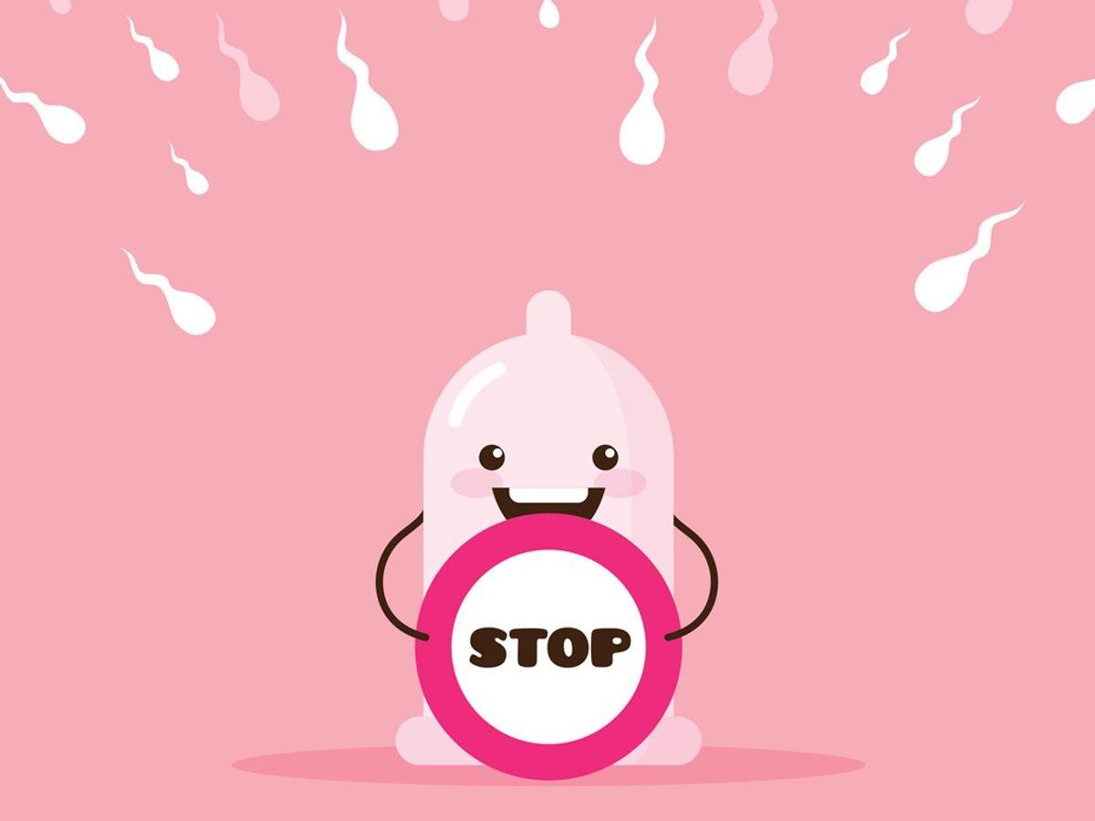 Comicart Grafik eines freundlichen Kondoms, das Sperma abwehrt mit Stopzeichen