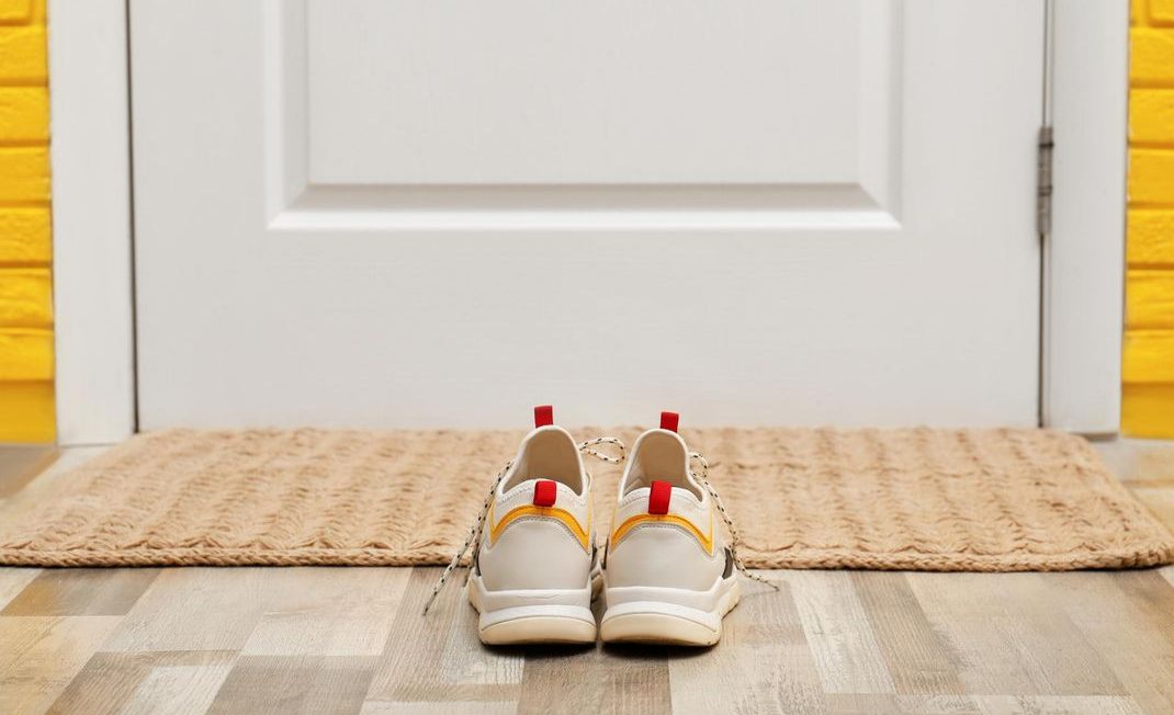 Schuhe stehen auf der Fußmatte vor der Wohnungstüre