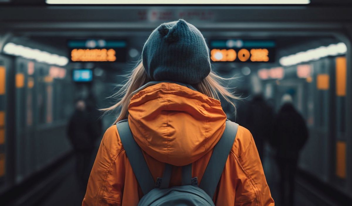 Frau steht vor einer Bahnstation.&nbsp;