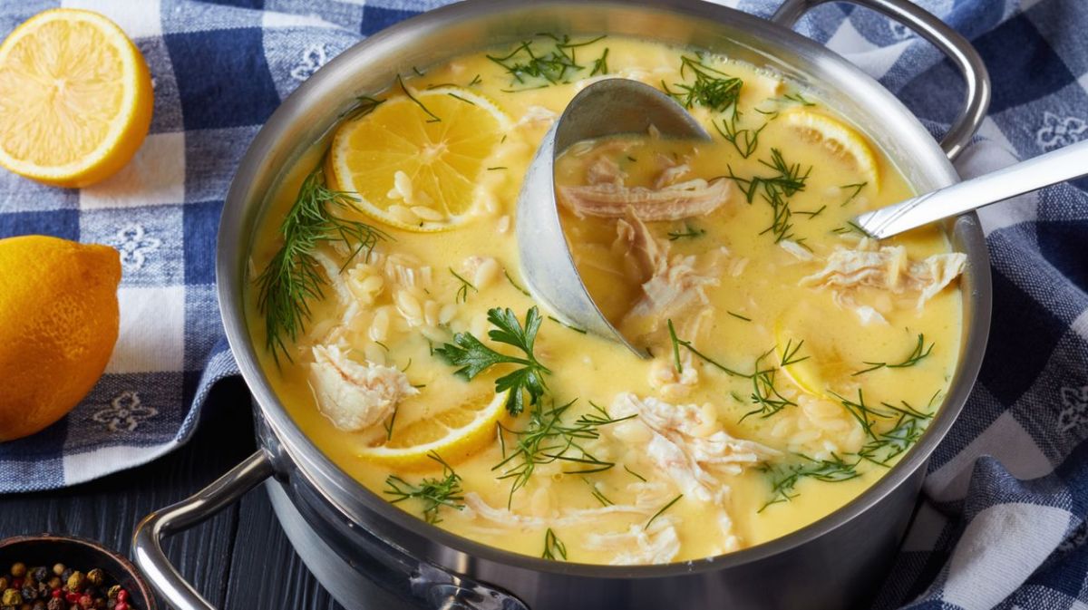 Großer Suppentopf mit Hühnersuppe, Zitronen und Reis.