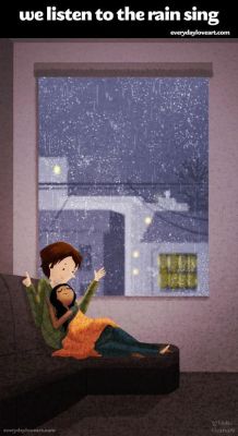 "Wir hören dem Regen beim Singen zu." "Wir hören dem Regen beim Singen zu."