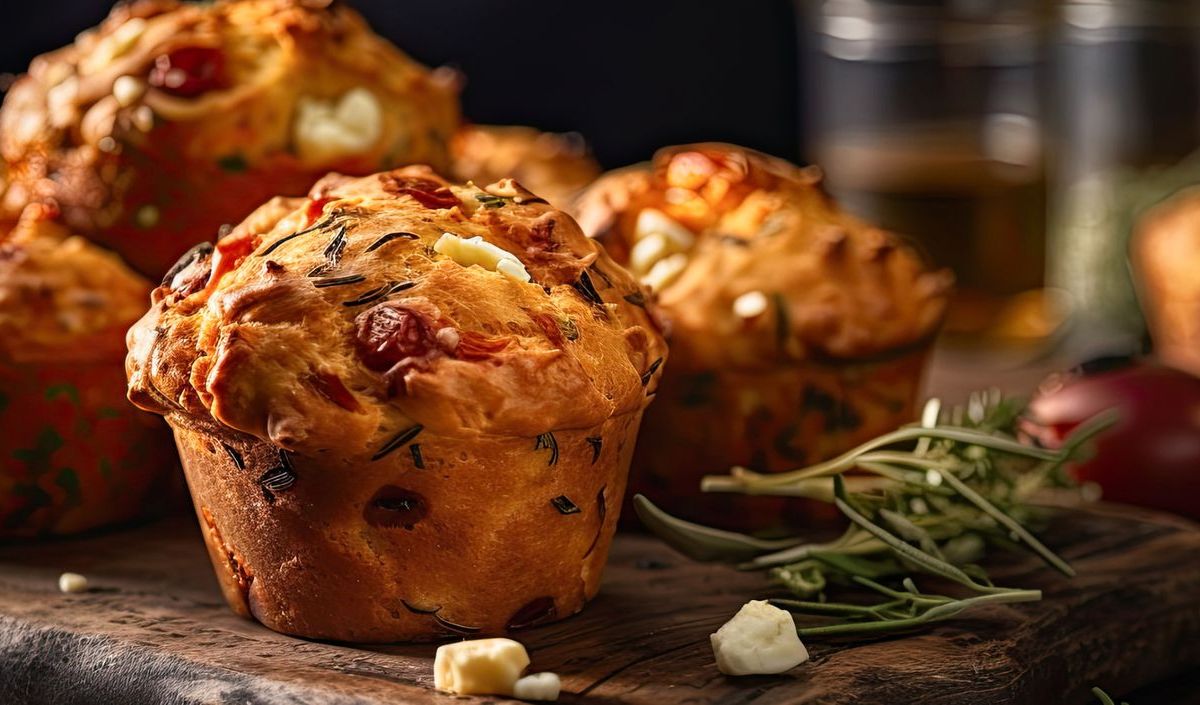 Tomaten-Feta-Muffins auf einem Holzbrett