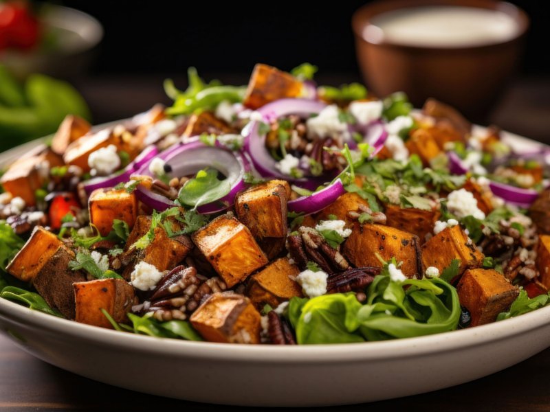 Salat mit Süßkartoffeln, Walnüssen und Zwiebeln.