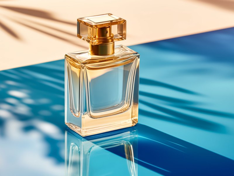 Gelber Parfum-Flakon im Sonnenschein