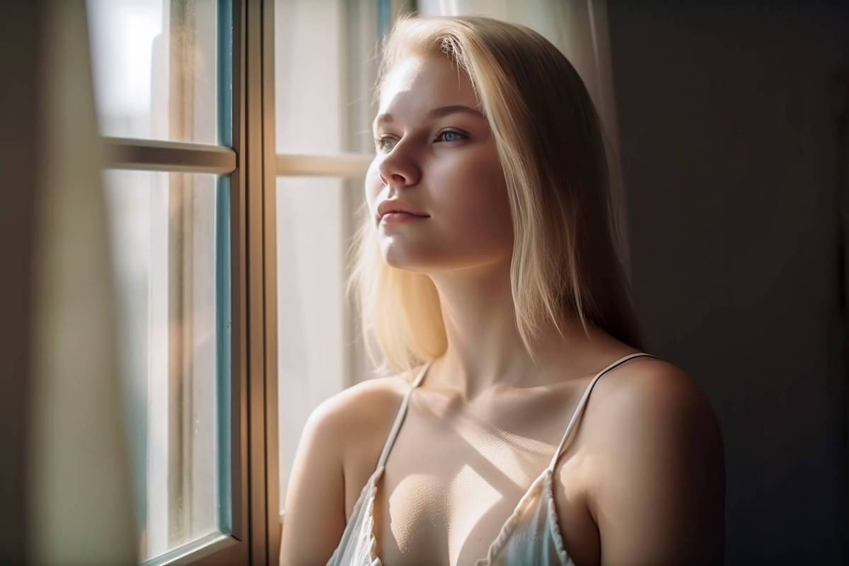 Blonde Frau blickt nachdenklich aus dem Fenster