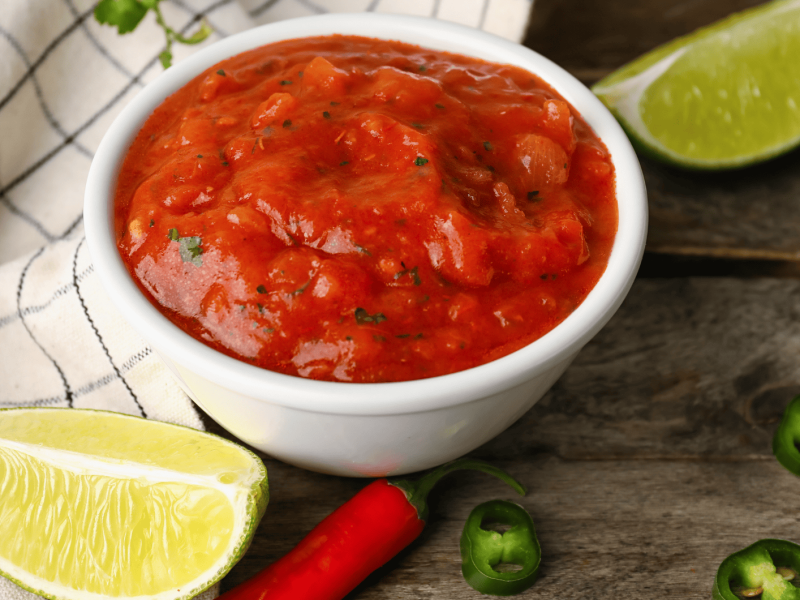 Selbstgemachte Tomaten-Salsa in einer weißen Schüssel.