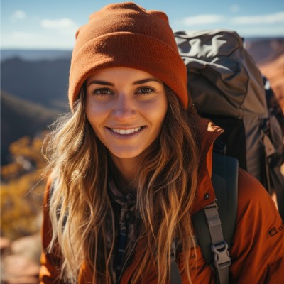 Frau auf Berg mit Backpack, die eine Mütze auf hat und in die Kamera lächelt