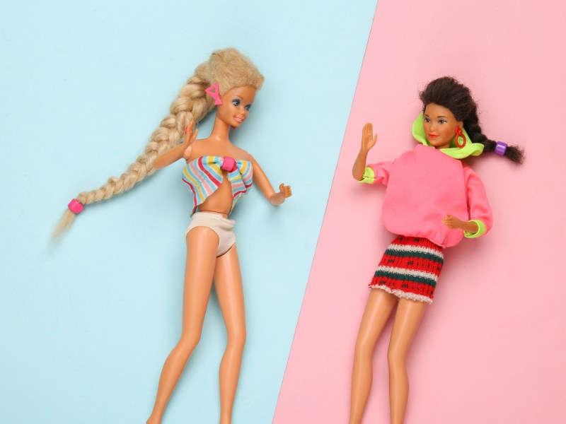 Zwei Barbies mit unterschiedlichen Haarfarben vor blauem und weißen Hintergrund