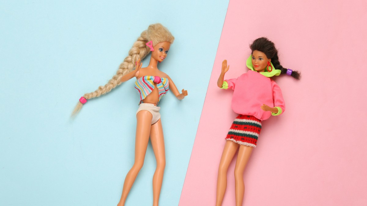 Zwei Barbies mit unterschiedlichen Haarfarben vor blauem und weißen Hintergrund