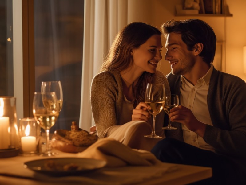Frau und Mann essen romantisch an Tisch und schauen sich während des Anstoßens lächelnd ins Gesicht