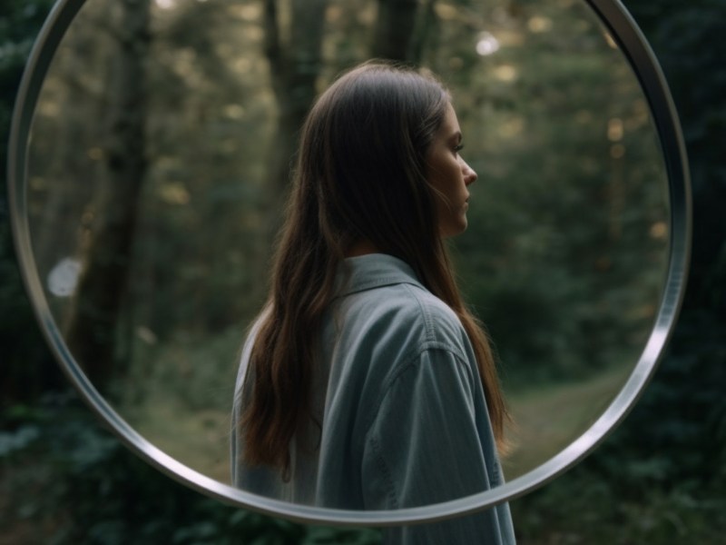Frau im Wald, die nicht in die Kamera schaut und von einem Spiegel abgelichtet wird