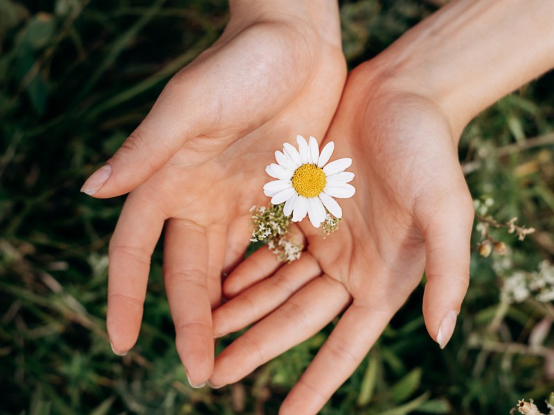 Frau hält Blume in der Hand