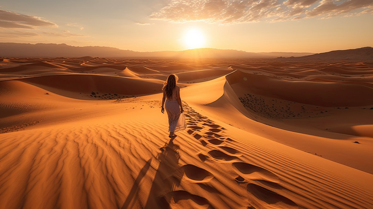 Frau in Wüste, die in langem Gewand dem Sonnenuntergang entgegen läuft