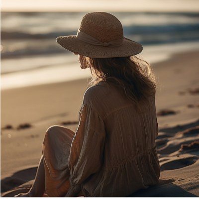Frau am Strand mit Hut auf dem Kopf, mit dem Rücken zur Kamera, die auf das Meer schaut