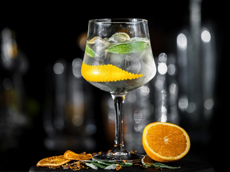Ein Glas Gin Tonic Spritz mit Eiswürfeln, Zitronenzeste und Minze auf dunklem Untergrund, daneben liegen eine angeschnittene Zitrusfrucht und Zitrusscheiben.