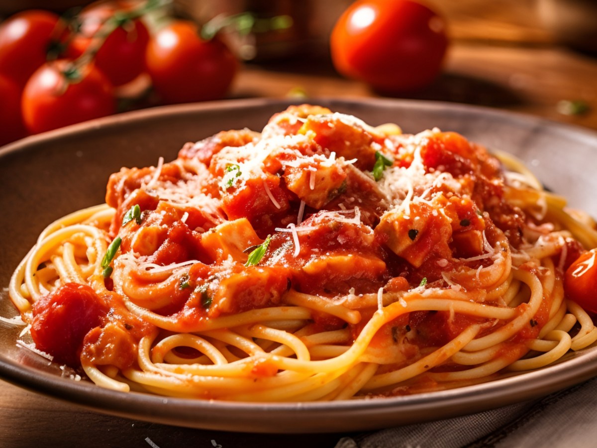 Spaghetti mit Tomatensauce und Speck.