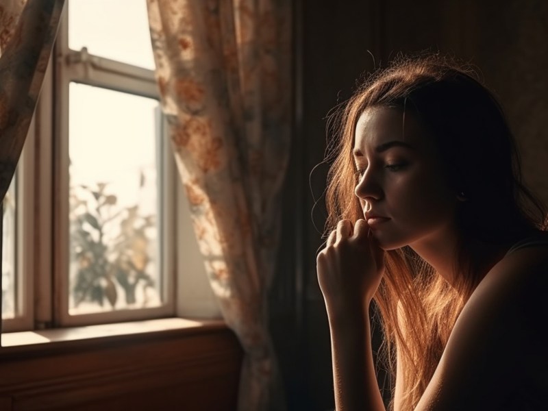 Frau vor einem Fenster mit Vorhängen, die traurig zum Boden schaut und ihre Hand am Kinn hält