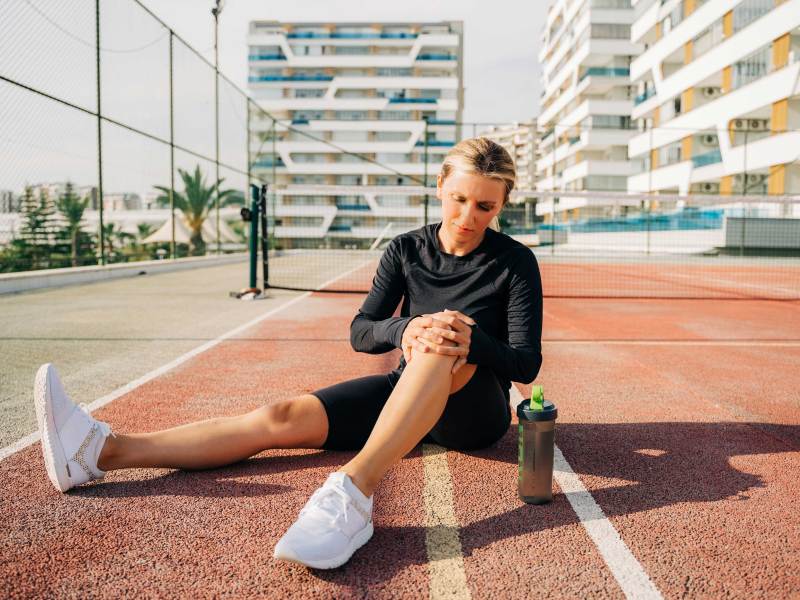 Athletische Frau hält sich das schmerzende Knie auf einem Tennisplatz