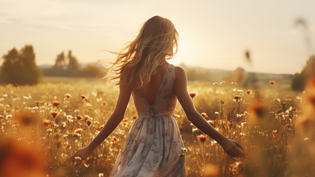 Frau in einem Feld voller Blumen im Sommer, die mit einem Kleid und langen blonden Haaren, die Gräser berührt