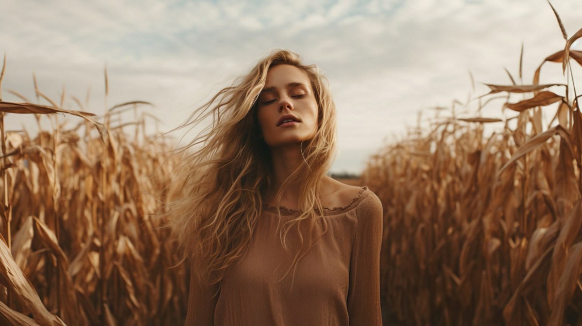 Frau in einem Kornfeld, die mitten im Weg steht und dessen blonden Haare im Wind wehen, während sie die Augen geschlossen hat