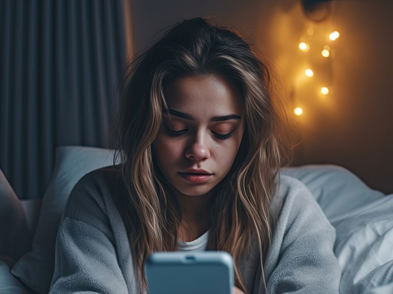 Frau schaut traurig auf ihren Handy Bildschirm, während sie im Bett zwischen Kissen und Decke sitzt