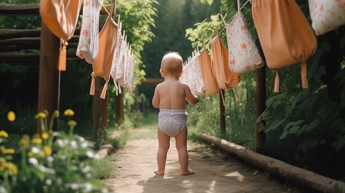 Baby auf einem Weg zwischen einer Wäscheleine mit Windeln an