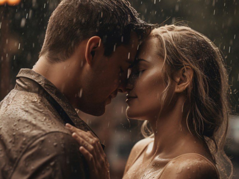 Mann und Frau küssen sich im Regen.