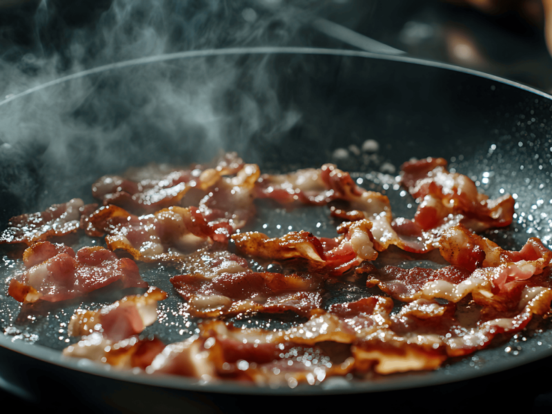 Bacon wird in einer Pfanne angebraten.