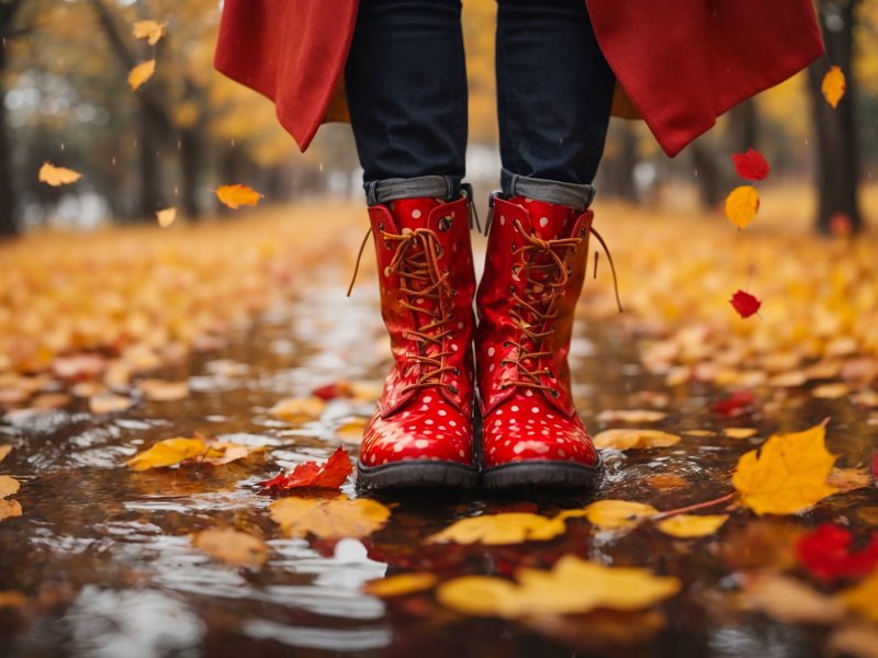 Frau mit roten Stiefeln, die durch einen verregneten Waldweg läuft.
