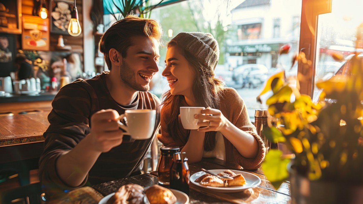 Frau und Mann auf einem Date im Café, die zwei Tassen hoch halten