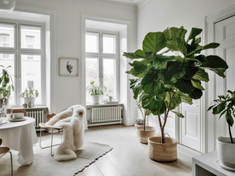 Schöne Altbauwohnung mit großer Zimmerpflanze.