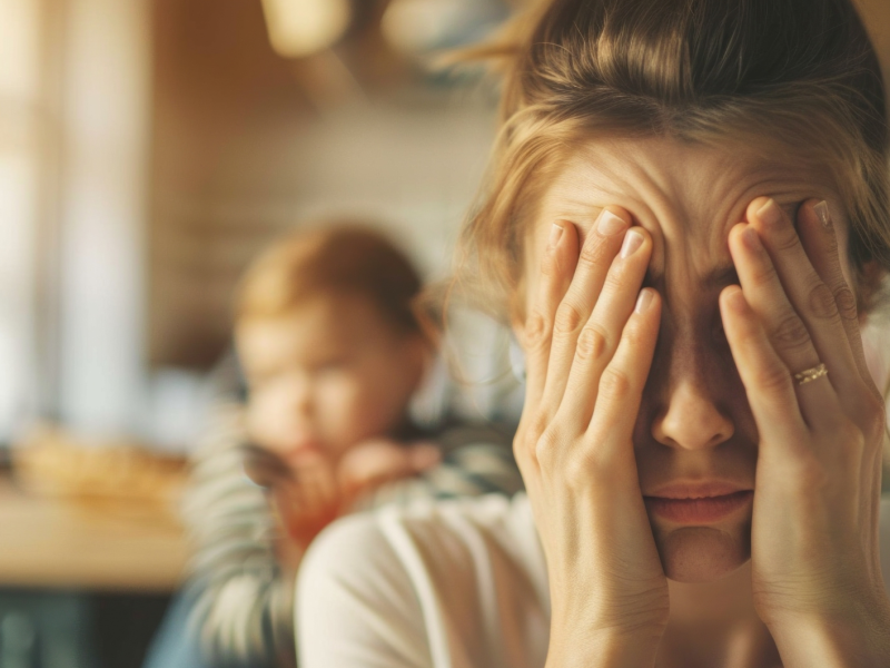 Gestresste Mutter h&auml;lt sich die H&auml;nde vor den Augen. Im Hintergrund ist ihr Kind.