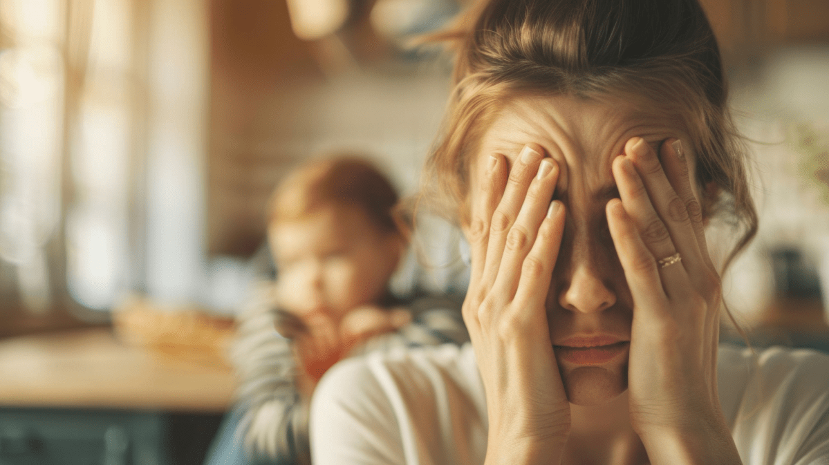 Gestresste Mutter hält sich die Hände vor den Augen. Im Hintergrund ist ihr Kind.