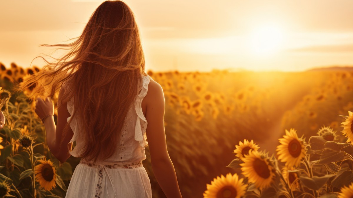 Frau im Sonnenblumenfeld bei Sonnenuntergang
