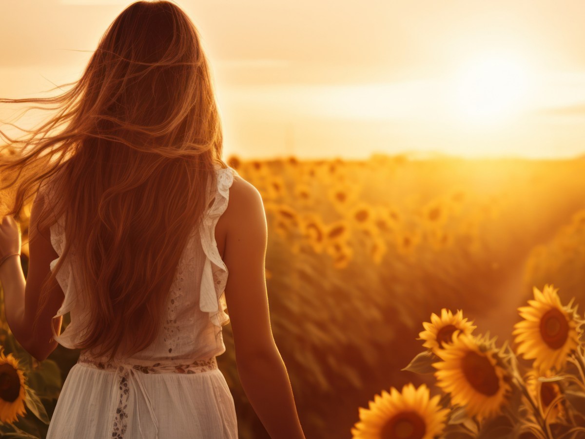 Frau im Sonnenblumenfeld bei Sonnenuntergang