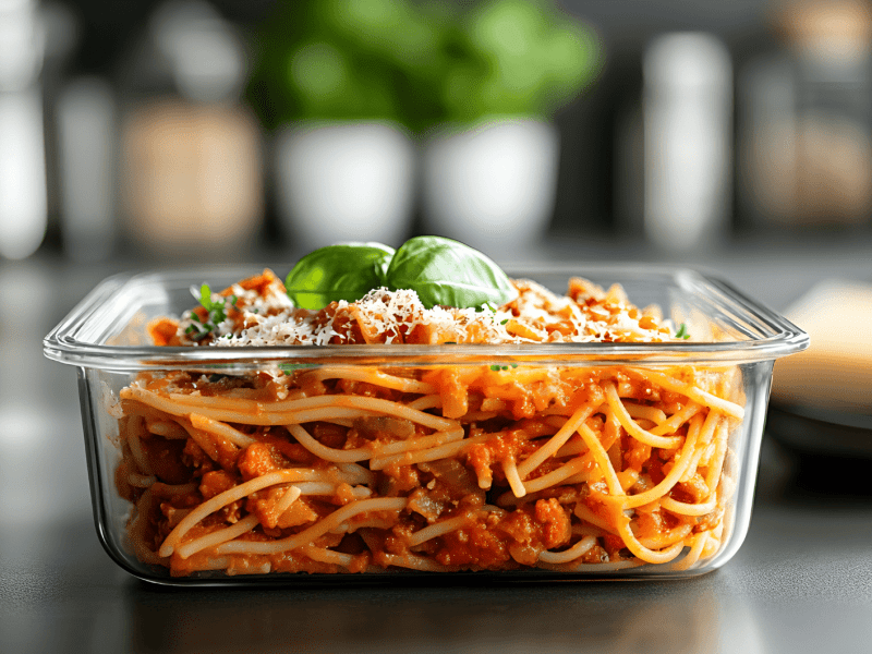 Gekochte Spaghetti Bolognese in einem Glasbehälter.