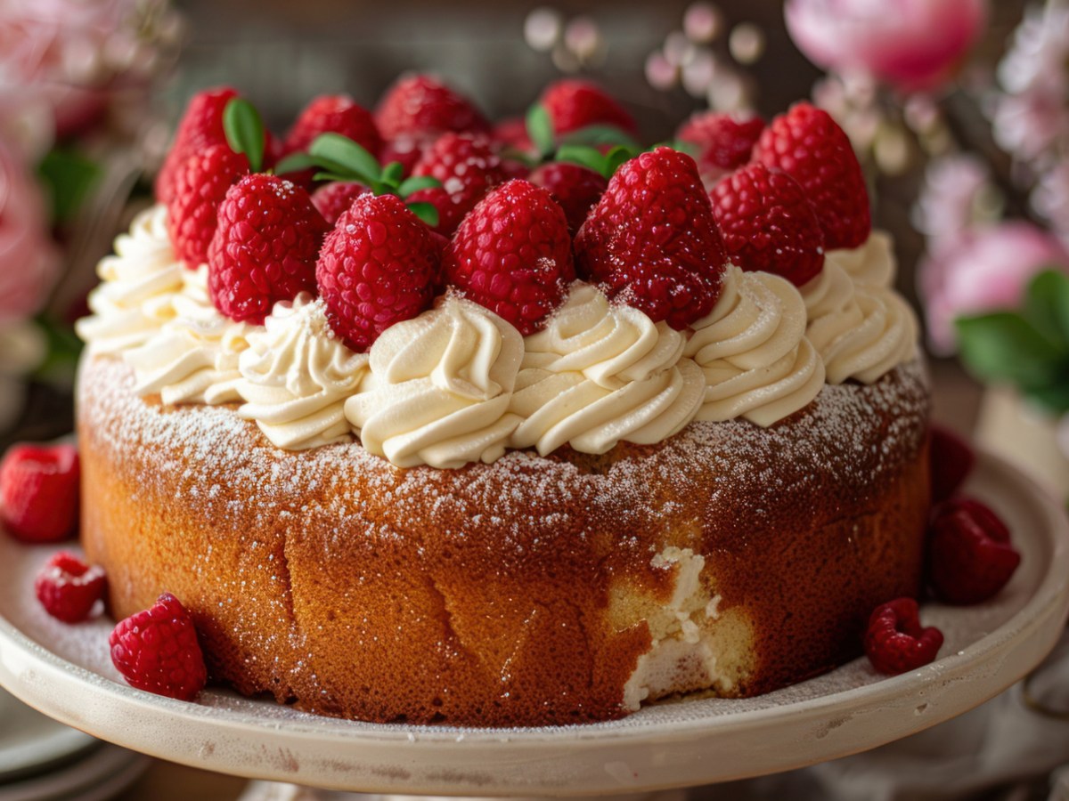 Kuchen mit Sahne und frischen Früchten getoppt.