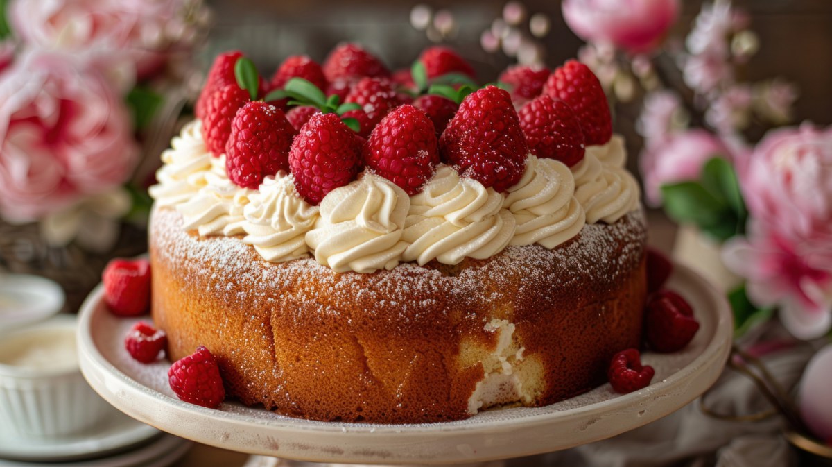 Kuchen mit Sahne und frischen Früchten getoppt.