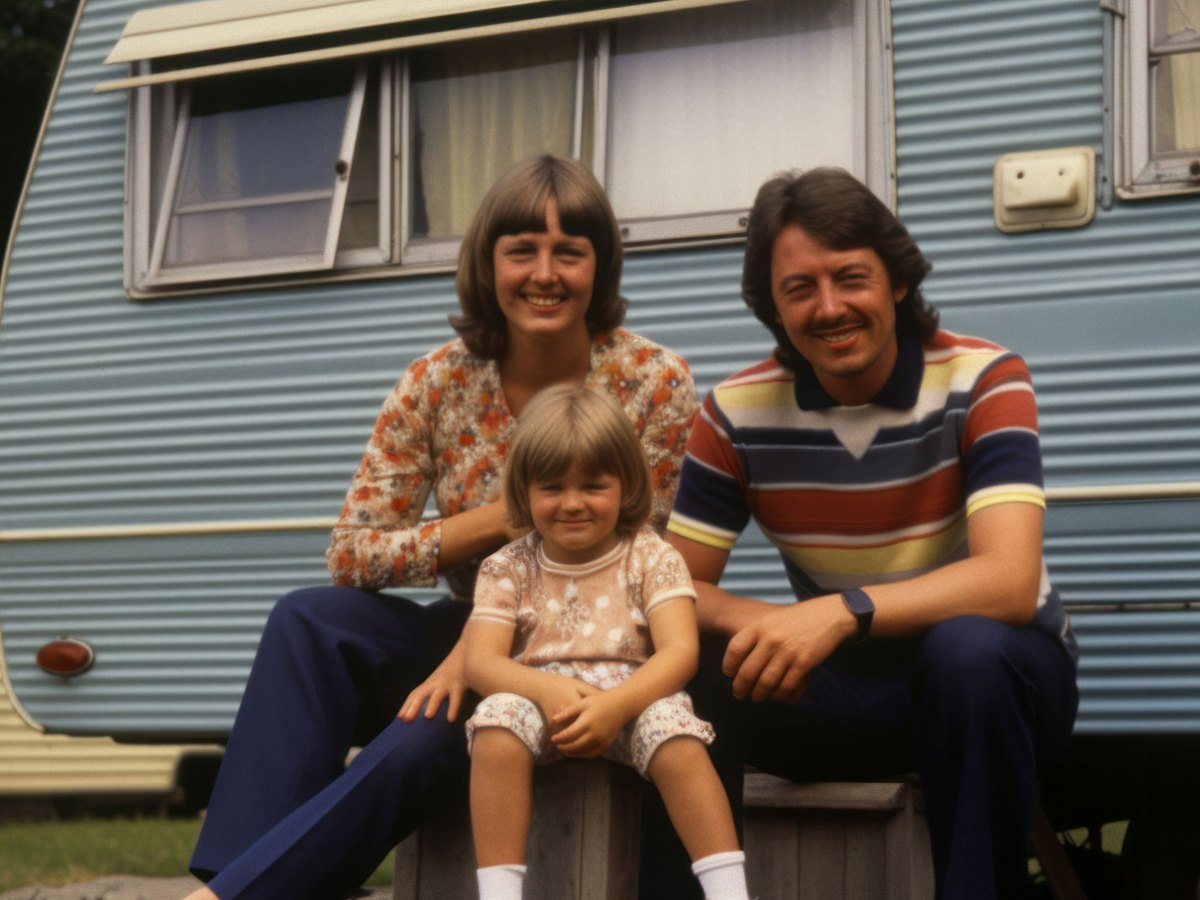 Vintage Foto einer Familie aus den Siebzigern, Mutter, Vater mit Tochter vor Campingwagen