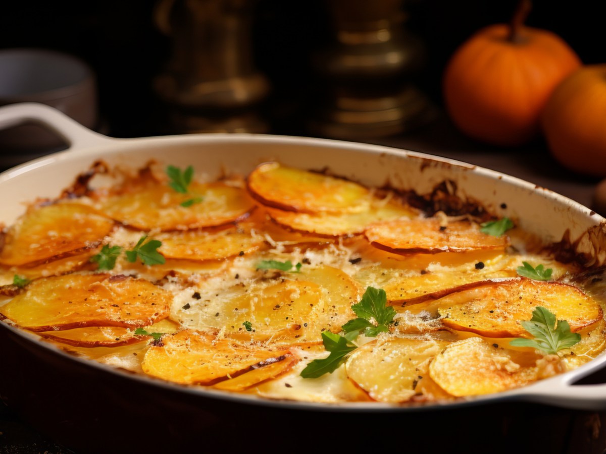 Kartoffelgratin mit Kürbis in heller Auflaufform.