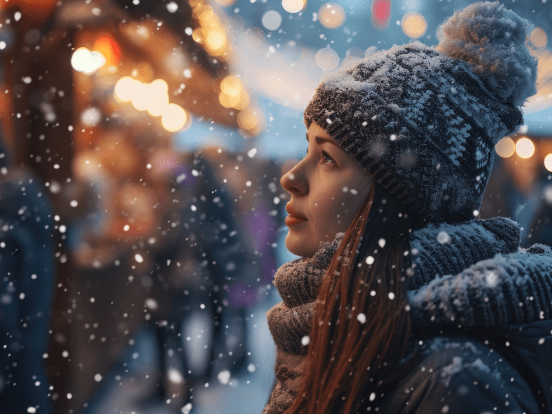 Frau im Schnee vor einer Hütte, die nachdenklich ins Leere starrt